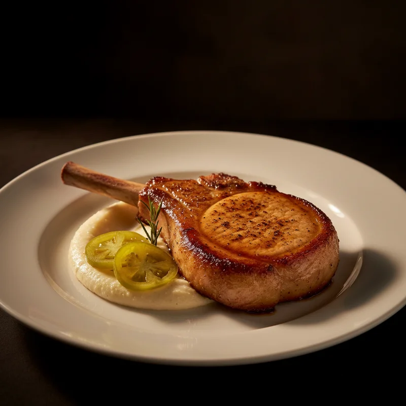 Heritage pork chop with apple butter glaze and creamy grits