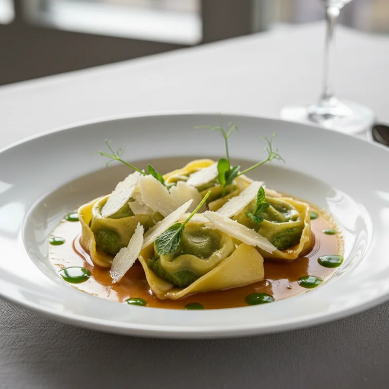 Spring pea agnolotti with brown butter and shaved pecorino