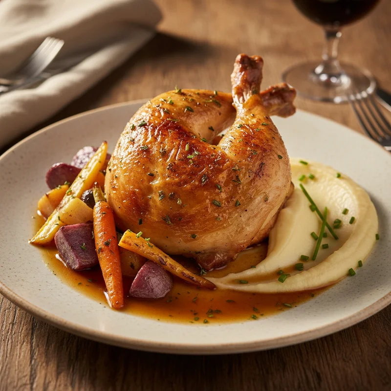 Cast iron chicken with herb jus and roasted root vegetables