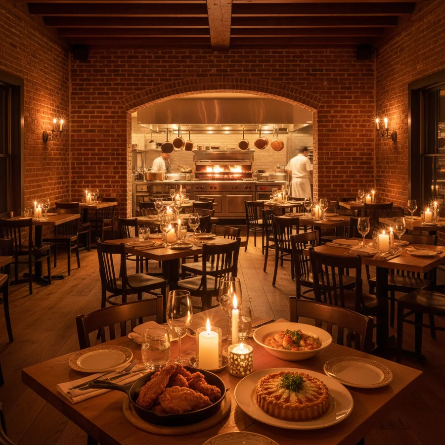 The Regional restaurant interior — moody Southern American dining room